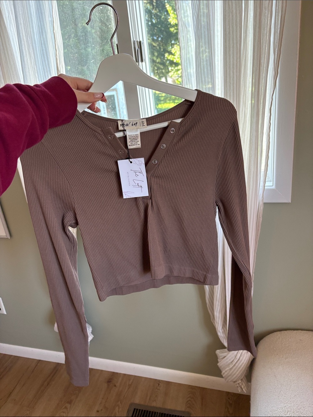 Free People Ribbed Henley Long Sleeve Top in Taupe